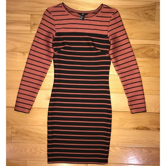 H & M Sweater Dress Women’s Small Black & Copper Stripes Casual Stretch Bodycom - Picture 4 of 4